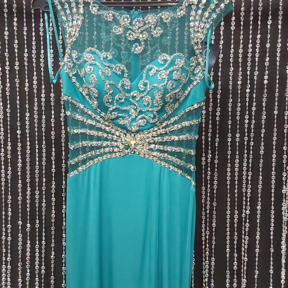 Splash Metallic Jersey Grad Prom Dress J480 Turquiose - Picture 6 of 6